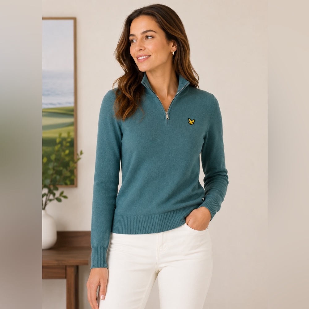 Lyle & Scott Golf Women’s Quarter Zip Sweater Teal Knit Pullover Medium NWT